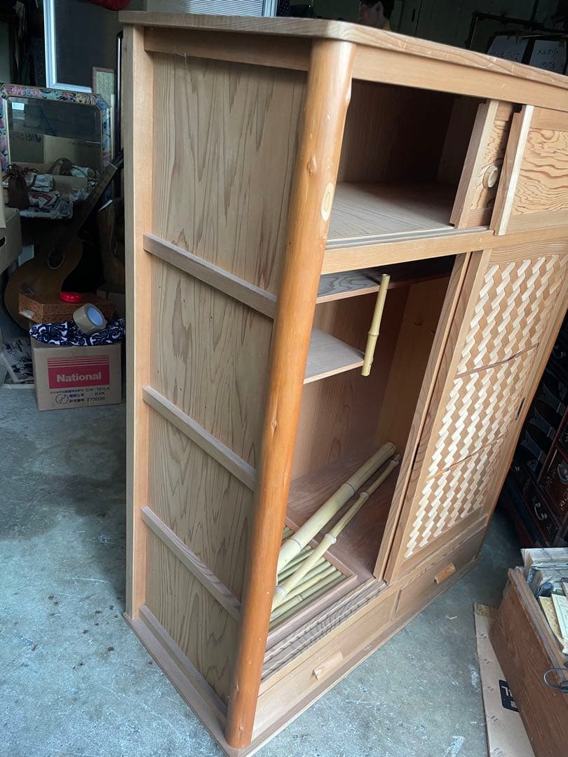 伝統工芸高級水屋道具杉無垢材網代引戸アジロ茶道具煎茶棚置水屋茶箪笥飾り棚和家具