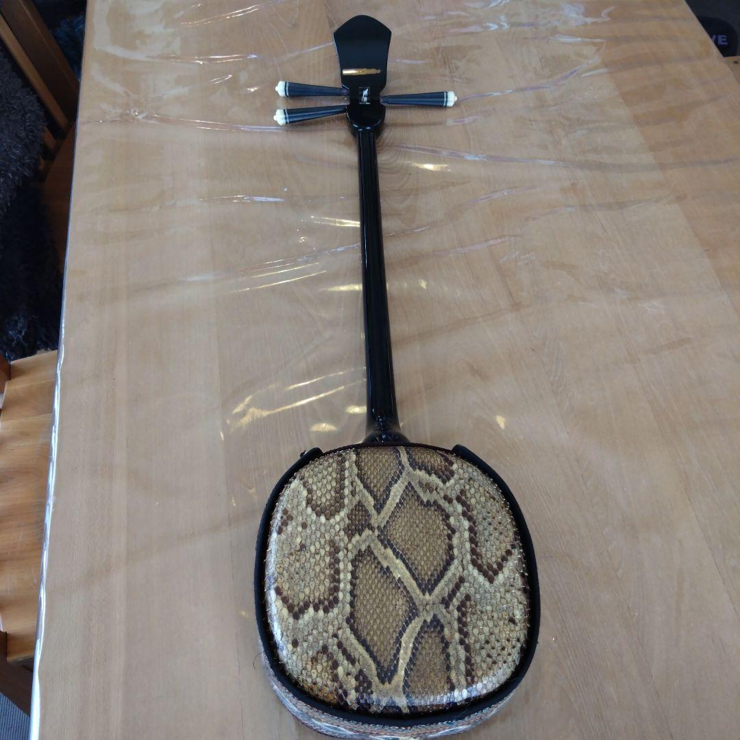 沖縄三線 蛇本皮 セミハードケース、バチ、新品の弦付き