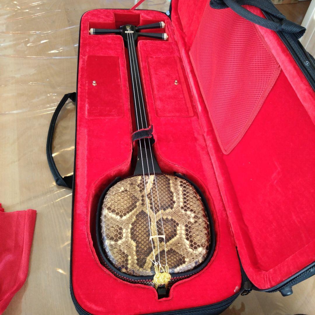 沖縄三線 蛇本皮 セミハードケース、バチ、新品の弦付き