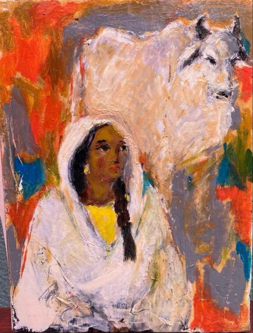 ナポリ「卵城の遠望」　インドの聖牛と婦人