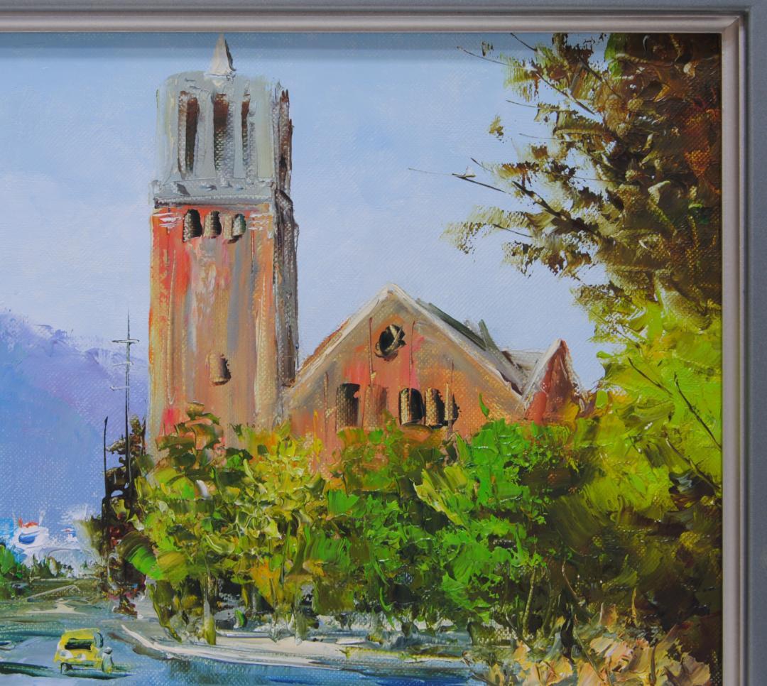 西条巧 神戸山手風景 栄光教会 風景画 絵画 油絵 油彩画 市電 路面電車