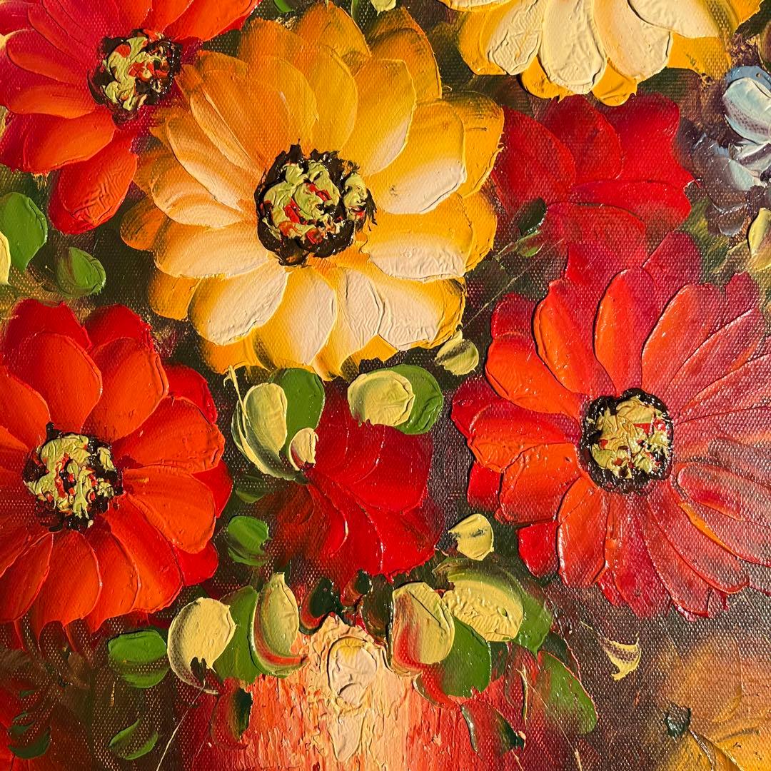 手書き油絵 花瓶の花 額付 肉筆絵画 インテリア 油彩画