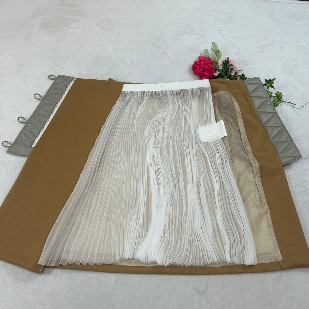 J867 美品 L サカイ プリーツ ひざ丈スカート キャメル レディース