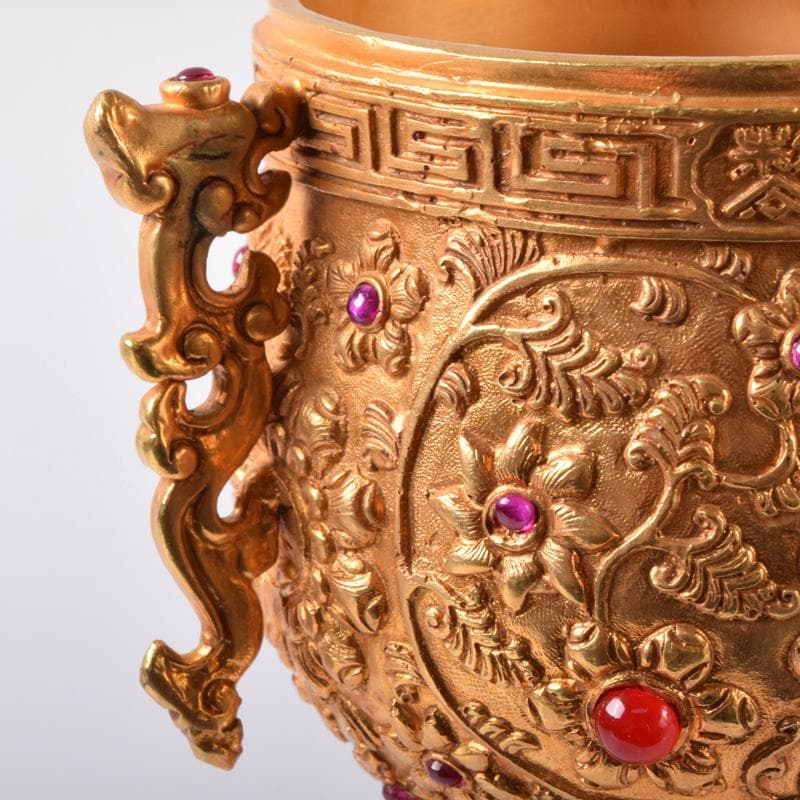 中国　古銅鍍金　双耳三つ足杯　一對　時代箱付　V　7593A