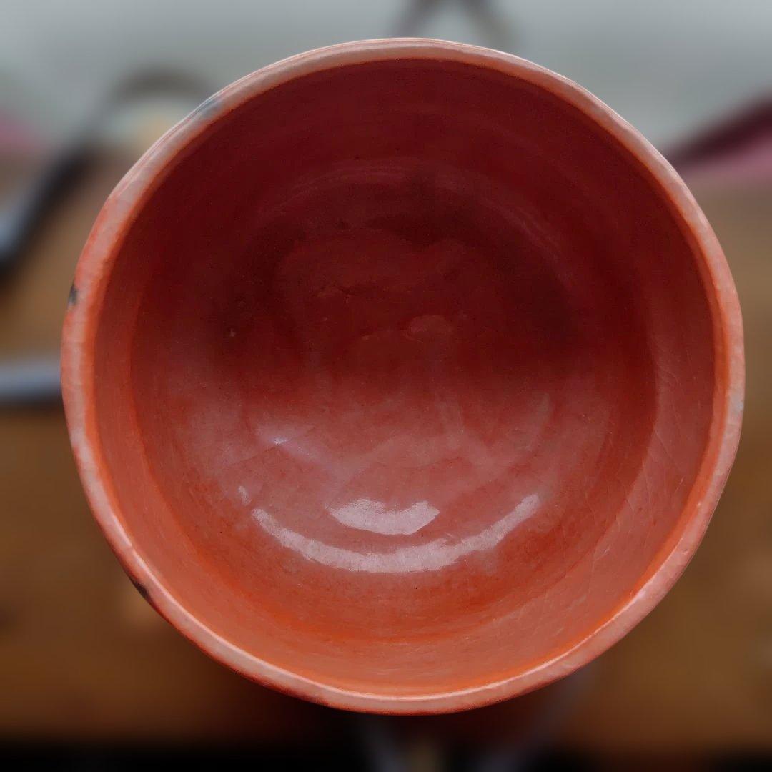 和楽七世　赤い波模様の茶碗 木製箱付き