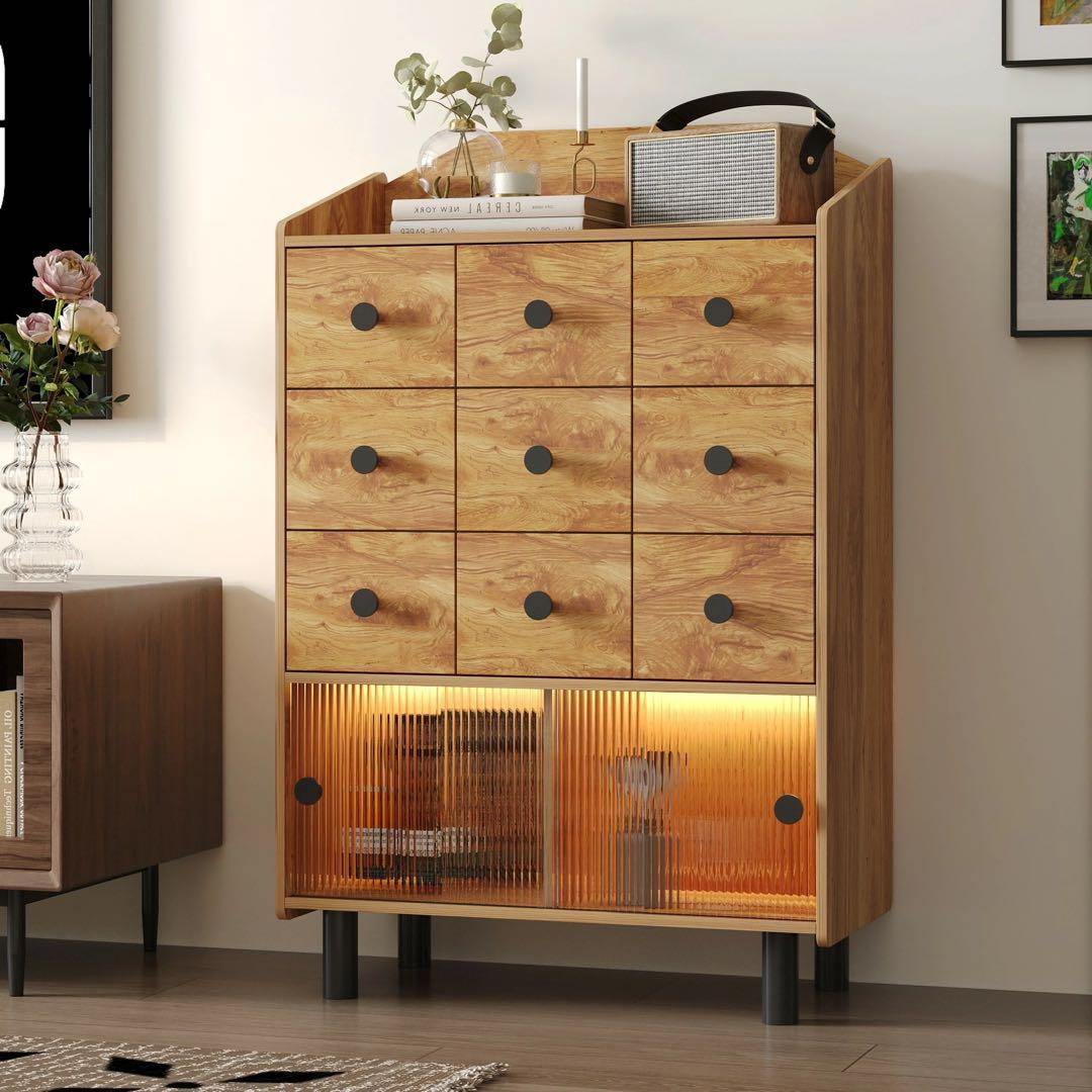 LEDライト付き 北欧風 おしゃれキャビネット サイドボード