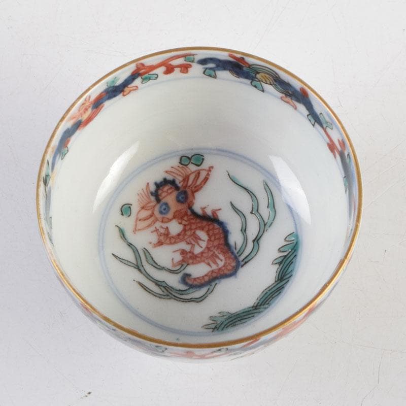 中国　大明萬歴年製款　五彩　神獣人物文　盃　ぐい呑　時代箱付　C　9167