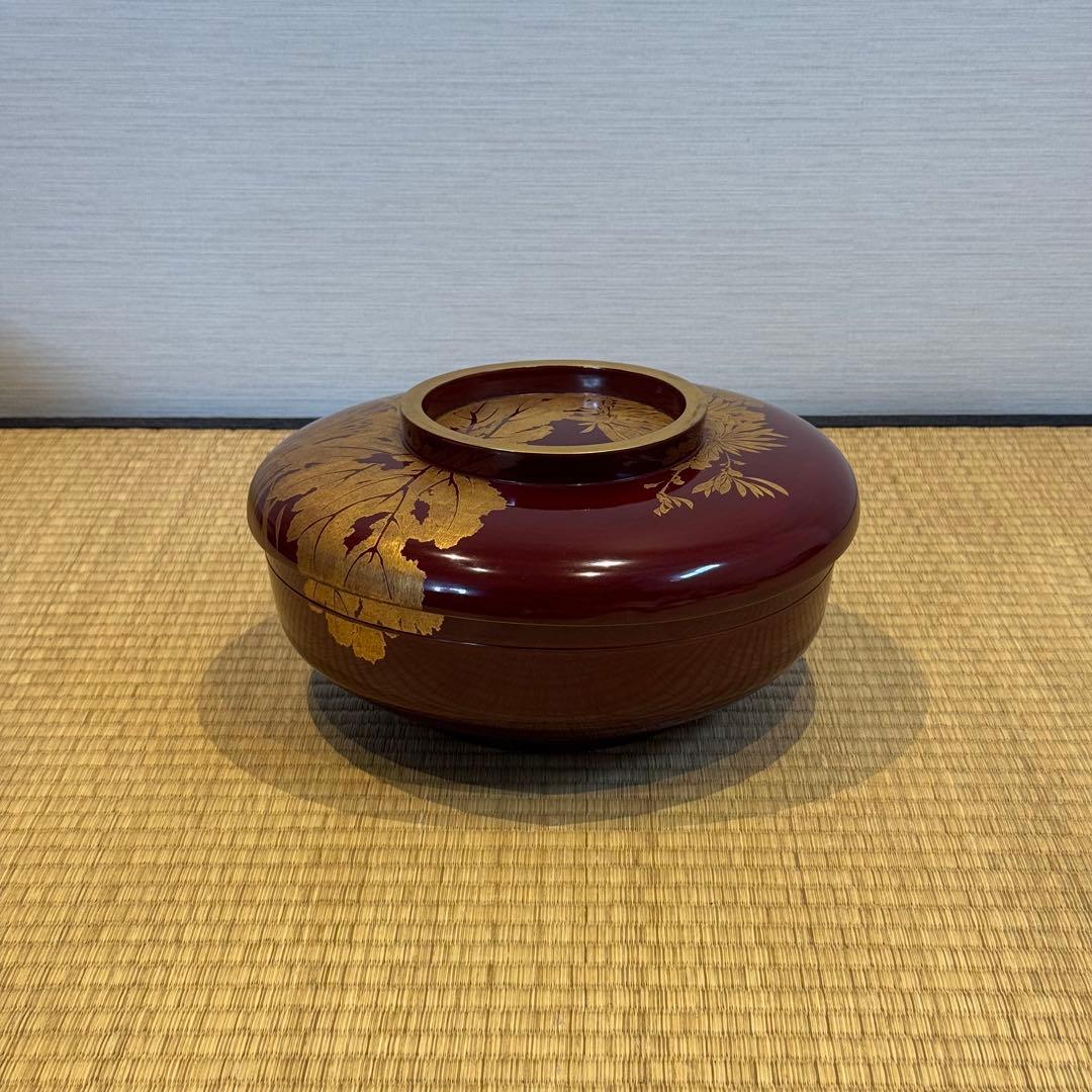 輪島塗 草花沈金 溜塗 栗色 大平 一対 明治時代後期 喰籠 木製漆器 吴山銘