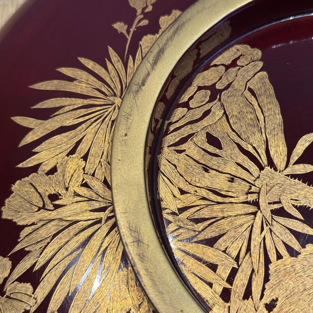 輪島塗 草花沈金 溜塗 栗色 大平 一対 明治時代後期 喰籠 木製漆器 吴山銘