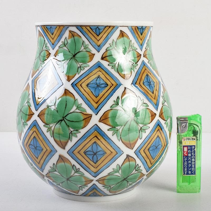 九谷焼　宮川哲爾造　色絵草花更紗文　花器　共布共箱　M　R9235B