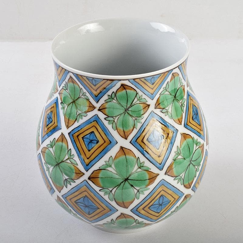 九谷焼　宮川哲爾造　色絵草花更紗文　花器　共布共箱　M　R9235B