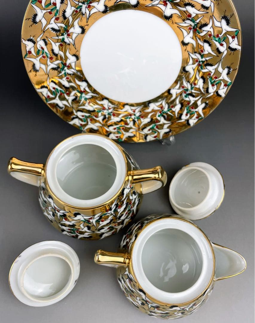 【希少】九谷焼 1000クレーン 鶴 シュガーボウル クリーマー 皿 プレート