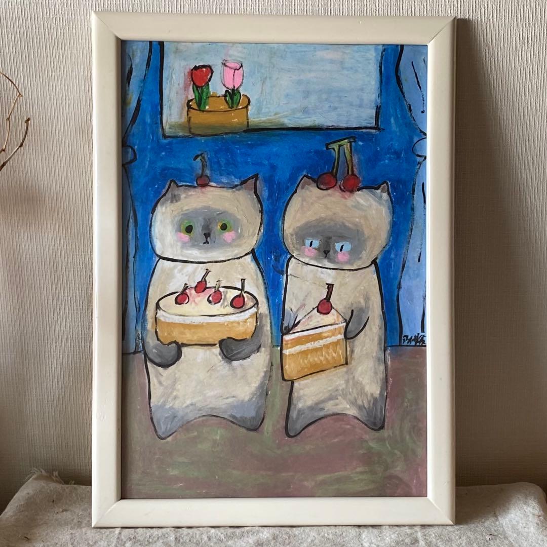 絵画。原画手描【シャム猫たちはデート記念日のためにさくらんぼケーキを用意した】