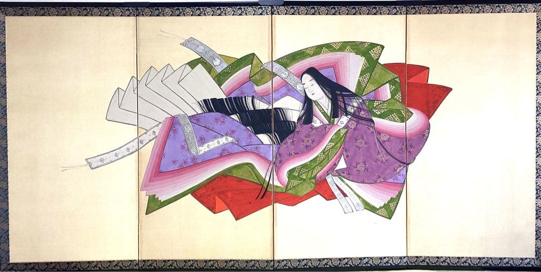 四つ折り屏風　日本画　紙本彩色　『平安十二単』