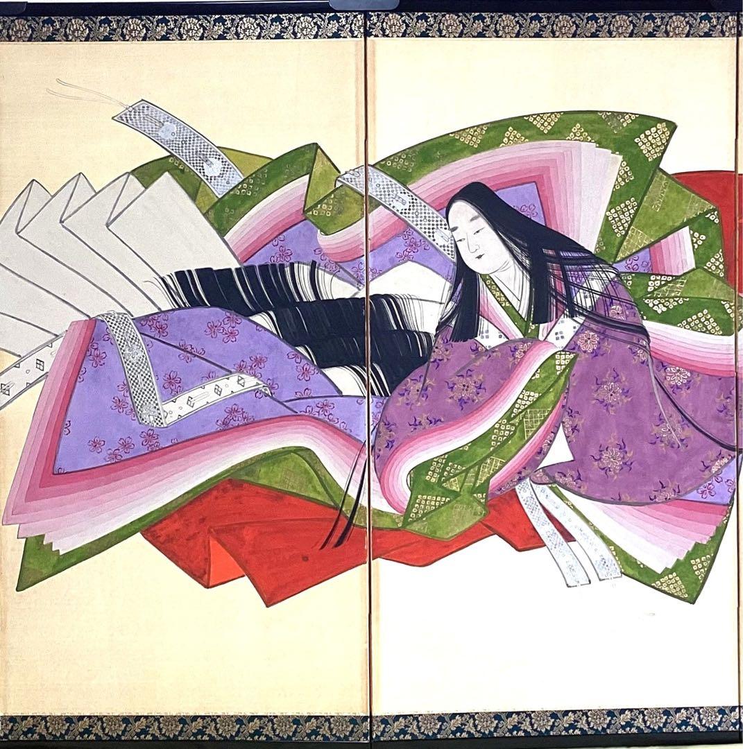 四つ折り屏風　日本画　紙本彩色　『平安十二単』