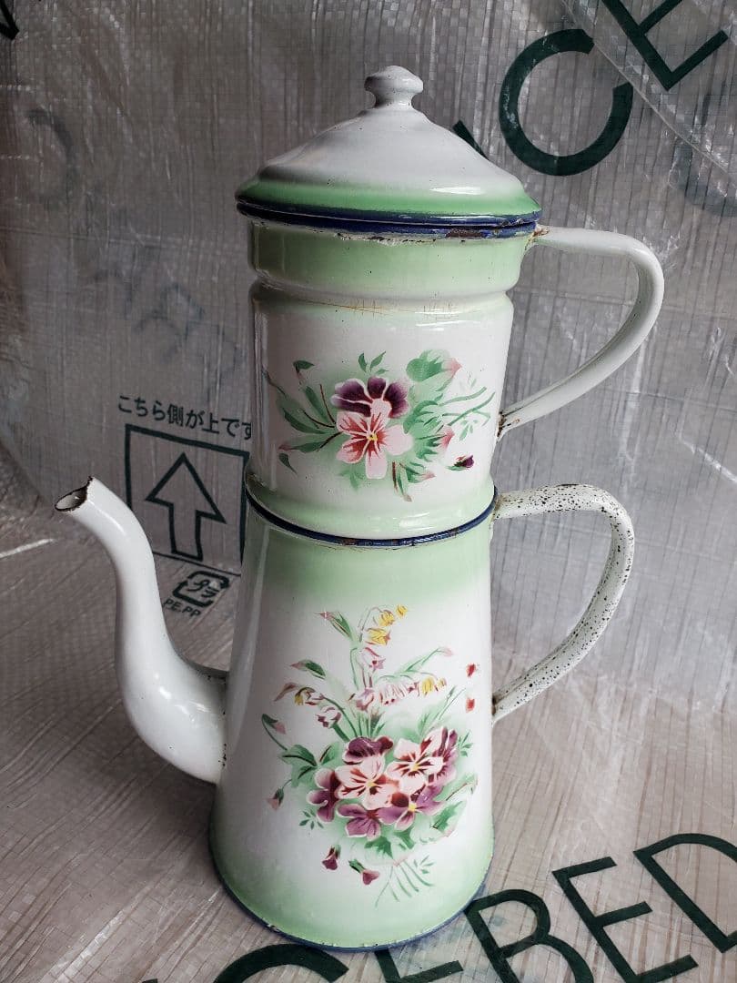 フランス　アンティーク　ホーロー　ポット　ダブルビギン　グリーン