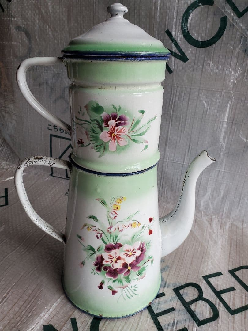 フランス　アンティーク　ホーロー　ポット　ダブルビギン　グリーン