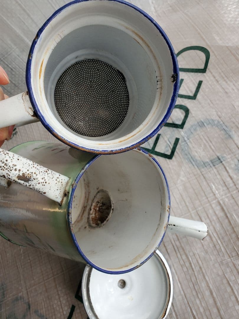 フランス　アンティーク　ホーロー　ポット　ダブルビギン　グリーン