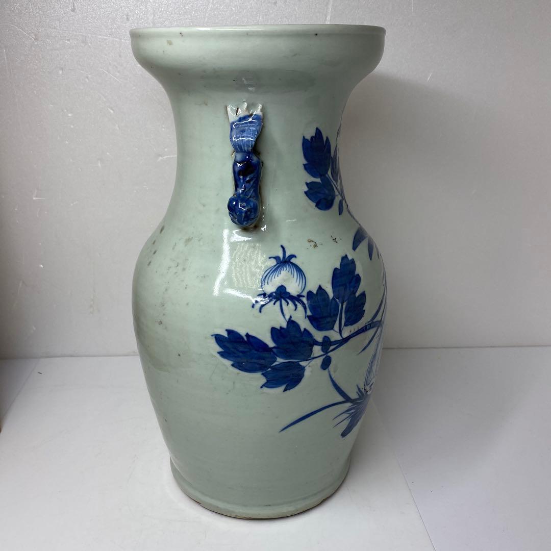 専用中国清時代　染付　花鳥紋　花瓶　高さ約33.2㎝　木箱付　東さ7-0304①