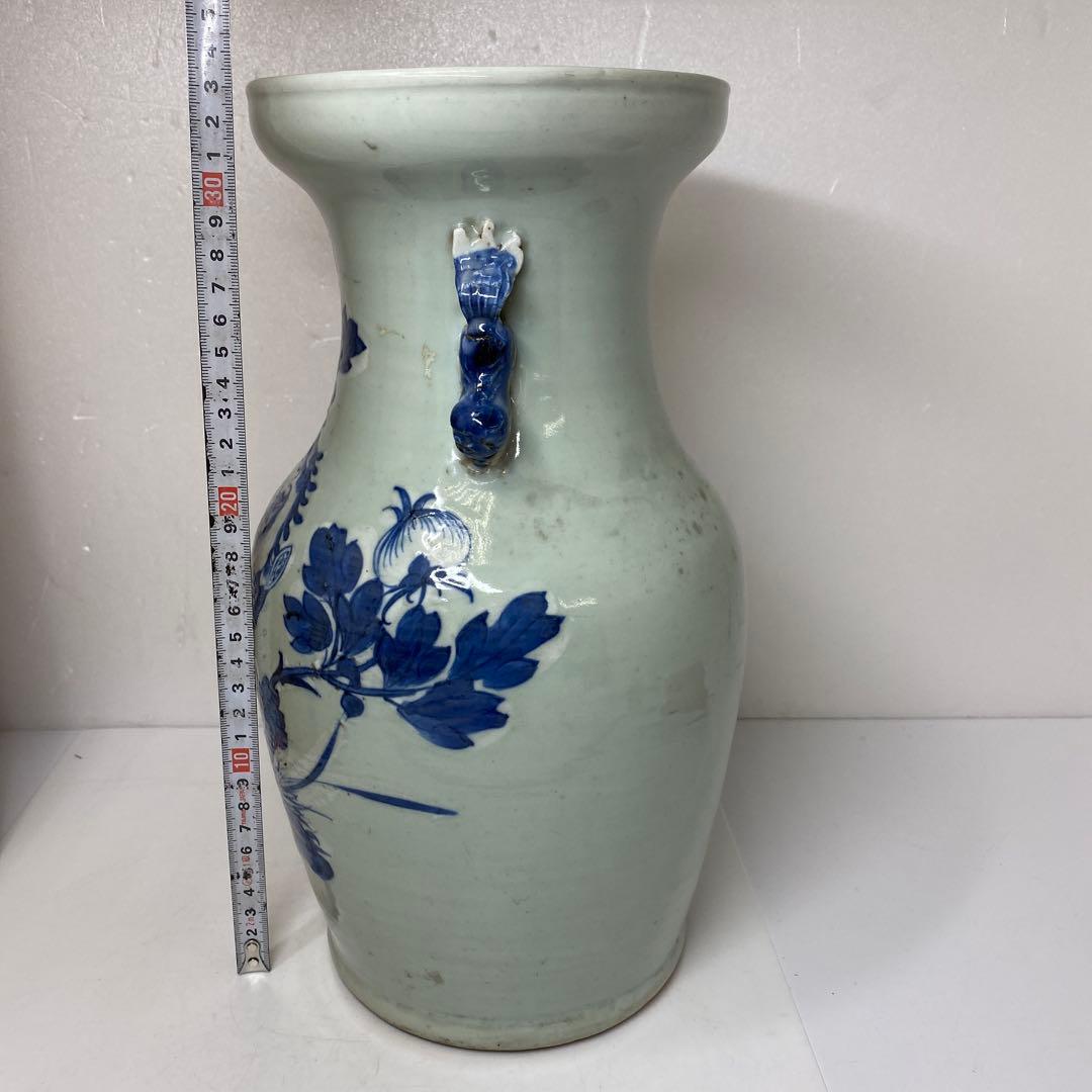 専用中国清時代　染付　花鳥紋　花瓶　高さ約33.2㎝　木箱付　東さ7-0304①