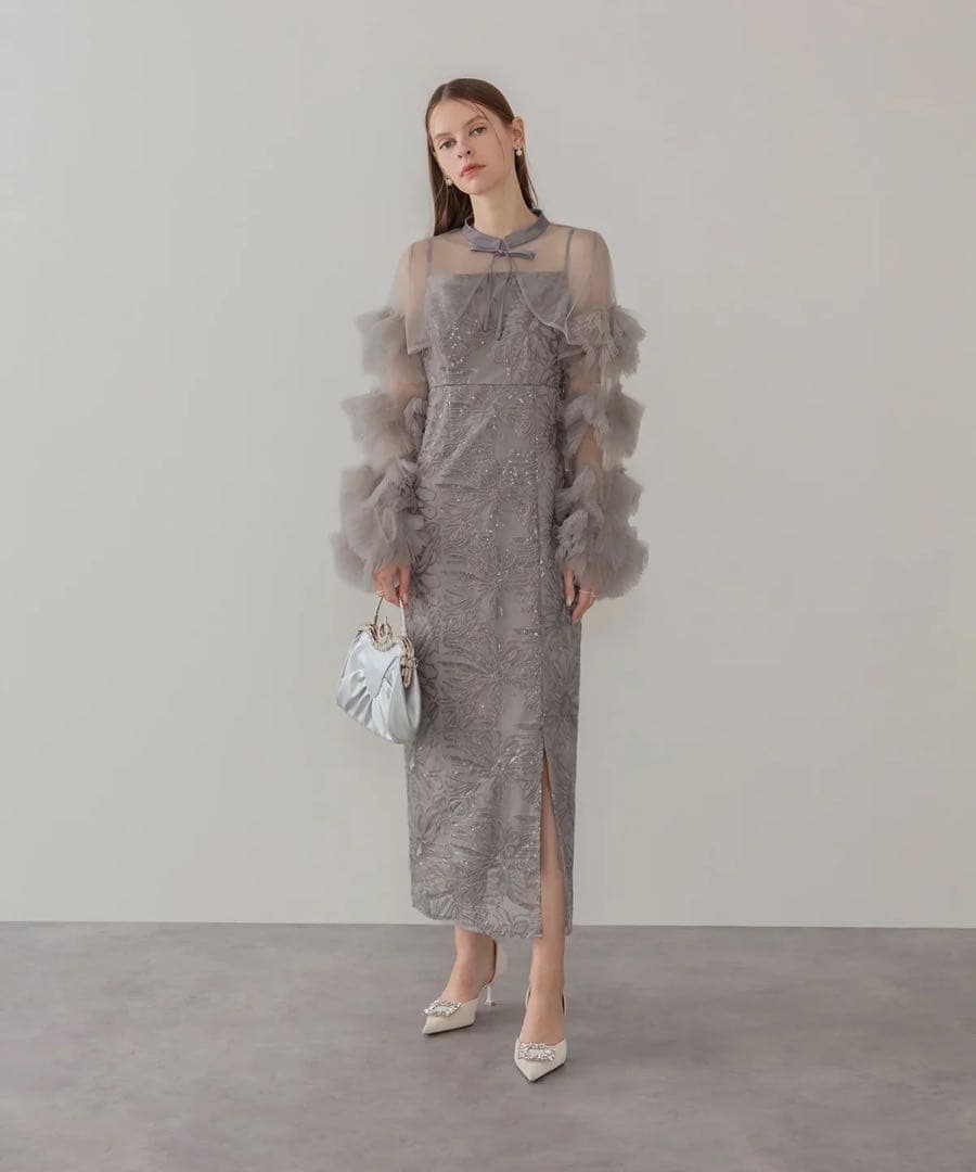 LEJA フリルチュールスリーブリボンIラインワンピースドレス