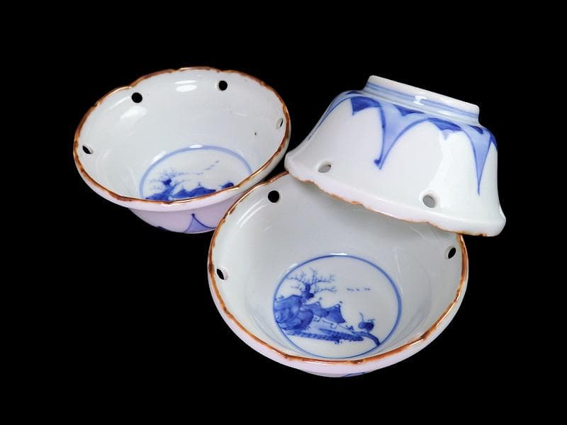 伊万里　染付　雪輪　東屋に山水の図　向付　３客　AS-fbts