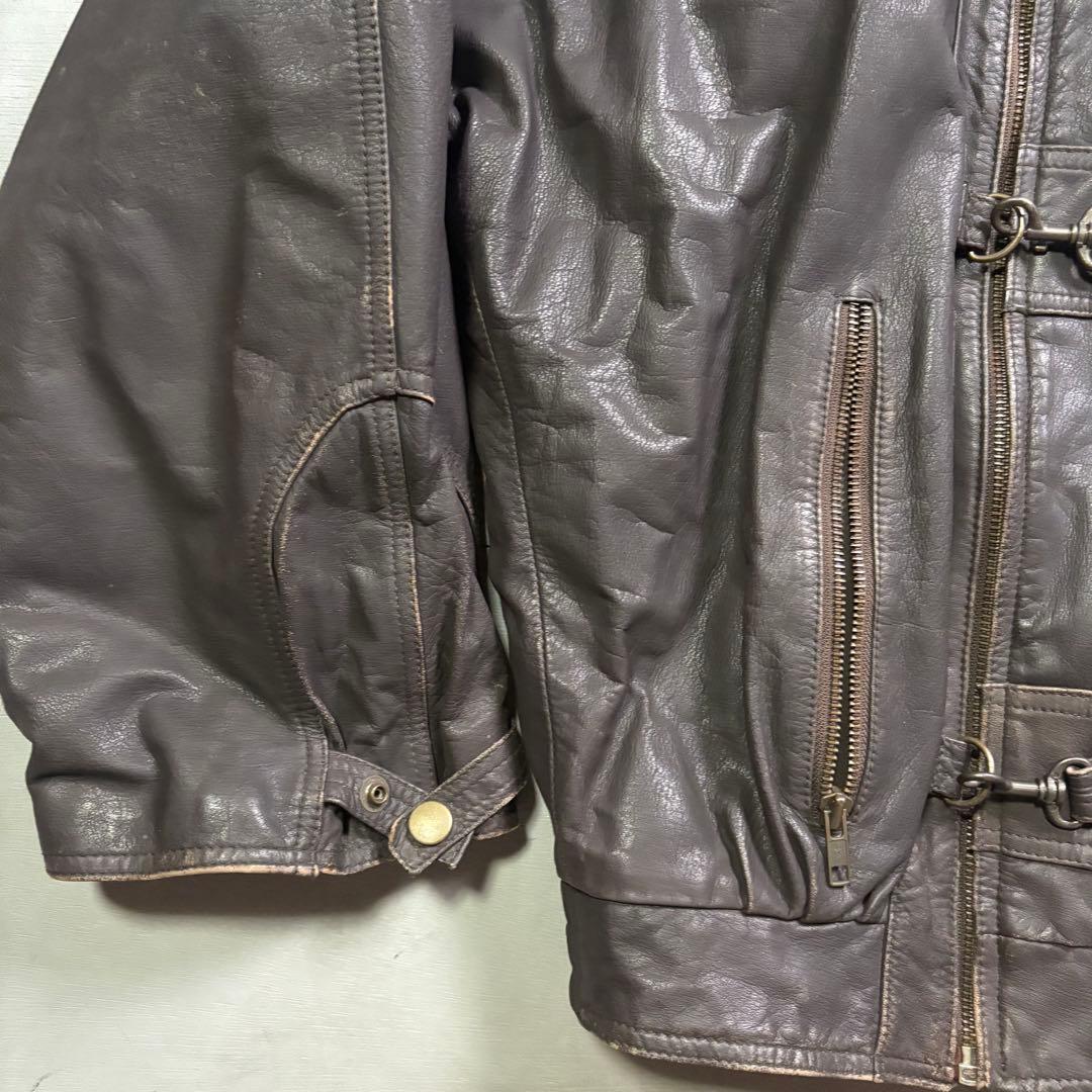 vintage レザーファイヤーマンジャケット　本革オールレザー　短丈　牛革　L