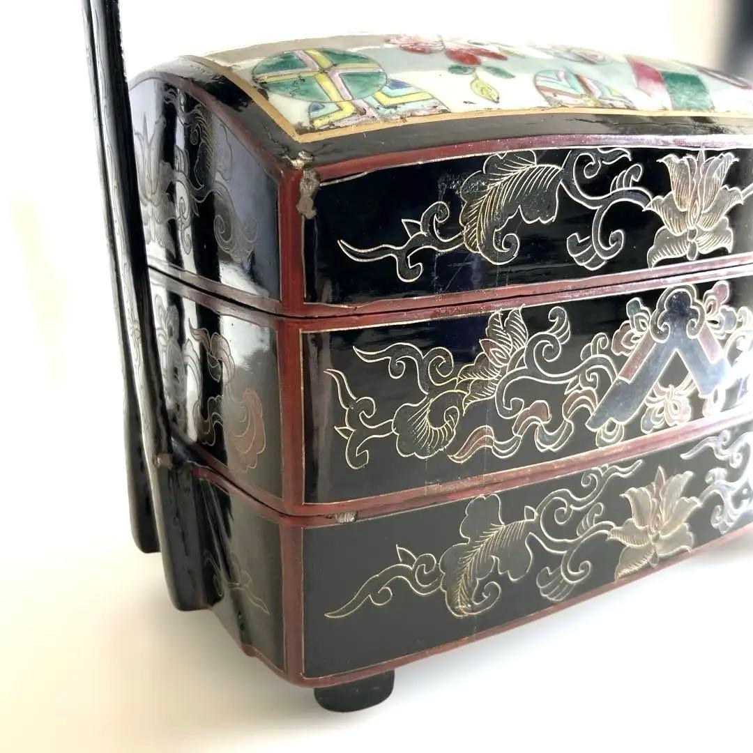 ヴィンテージ中国製漆塗り3段重箱、多彩な花柄