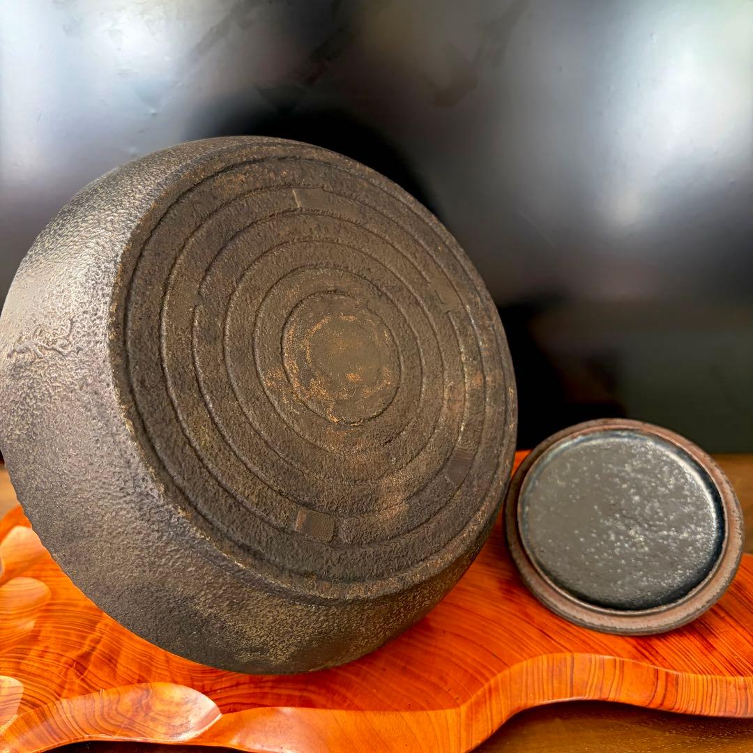 明治後期〜大正初期 鶴亀文鉄瓶 在銘小秀作 容量1.8L