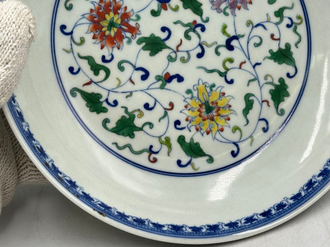 田中 野夫 清色絵皿 大清雍正年製 時代物 中國古美術 長 18cm