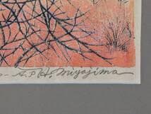 【真作】版画　技法不明　木のある風景　繊細な線描と色彩の調和　X50