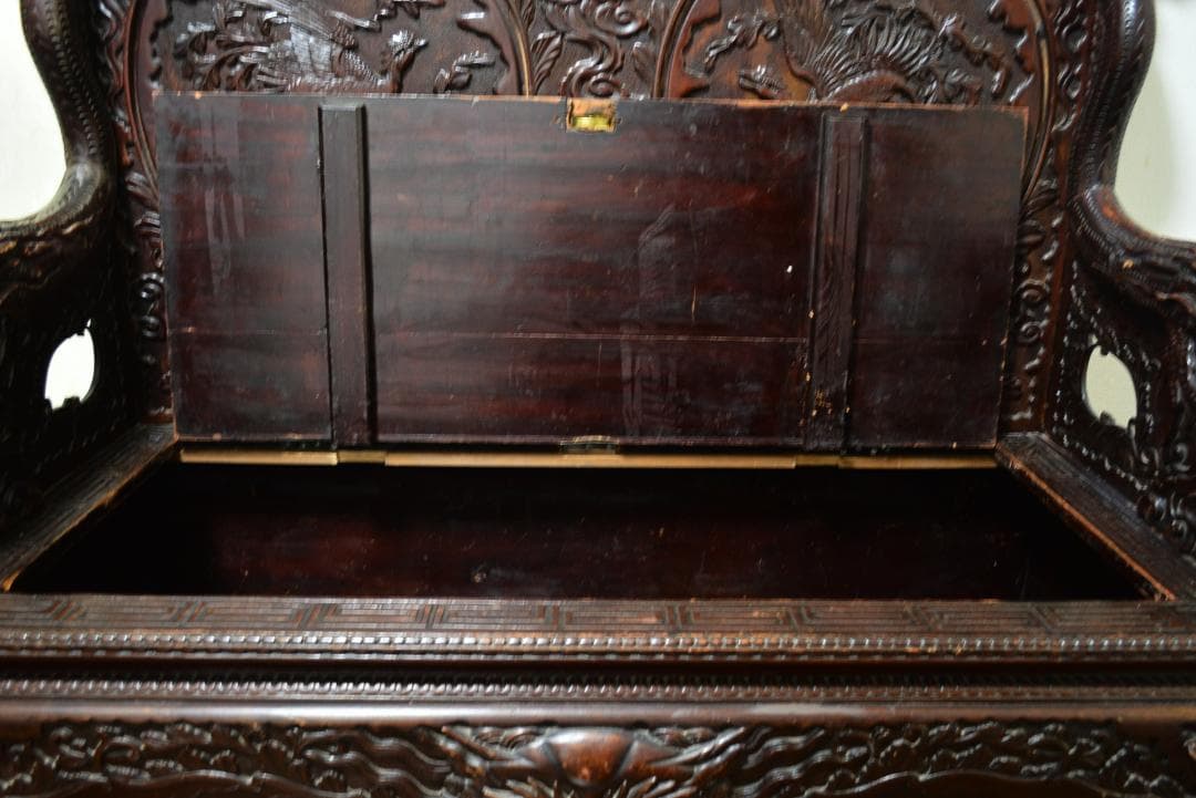 18-19世紀　希少　唐木　龍鳳凰彫刻　中国　長椅子　高級家具　アンティーク