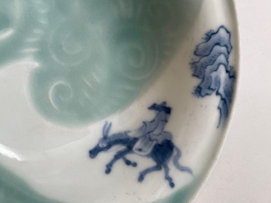 骨董　アンティーク　古伊万里　染付　青磁染付 旅人図　杜子美騎驢文　小皿　深皿