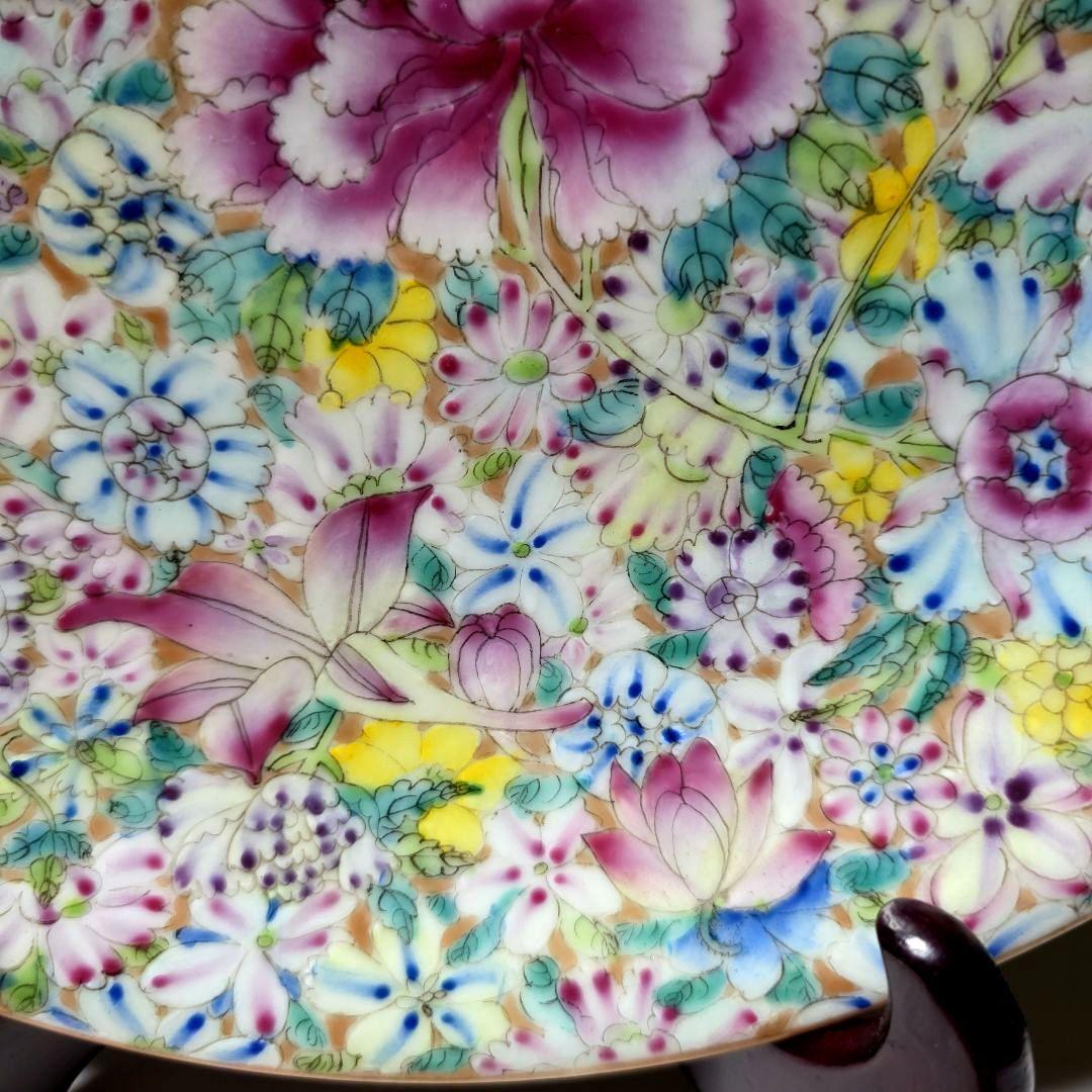 乾隆年製 中国美術 粉彩百花不落地/花詰 28cm 大皿 盛皿