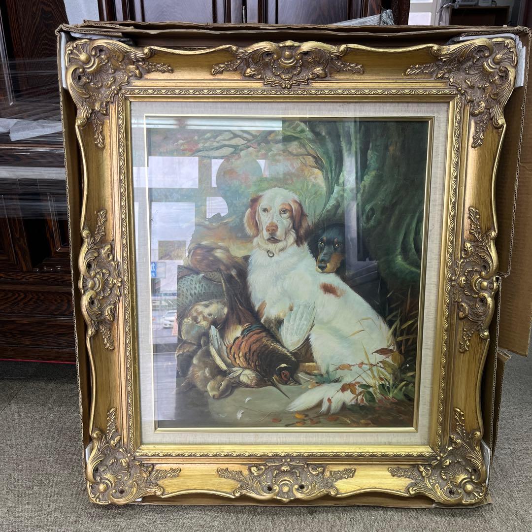 犬と子犬の油彩画 金のフレーム付き　 10号