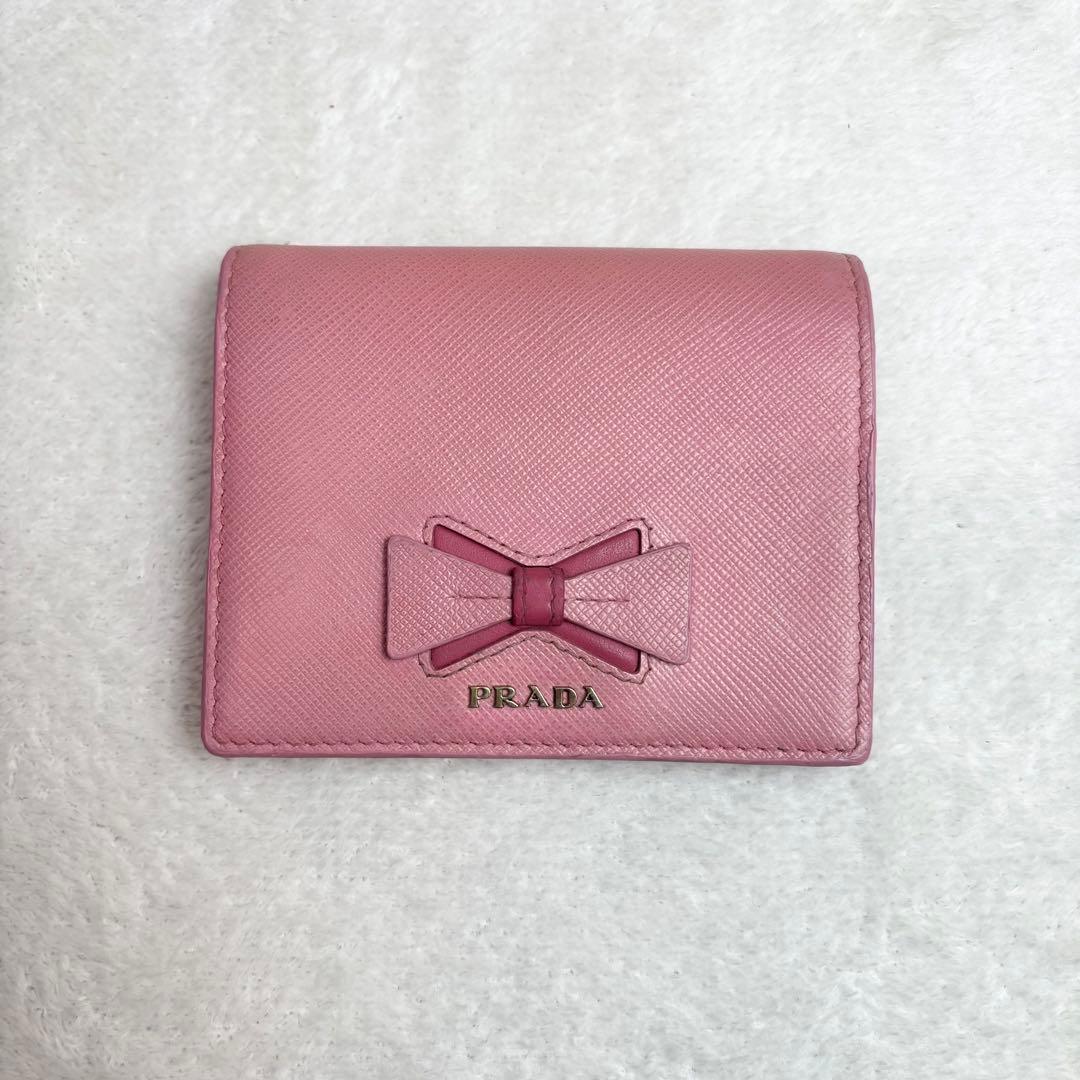 PRADA 二つ折り財布 サフィアーノレザー 本革 バイカラー ピンク リボン