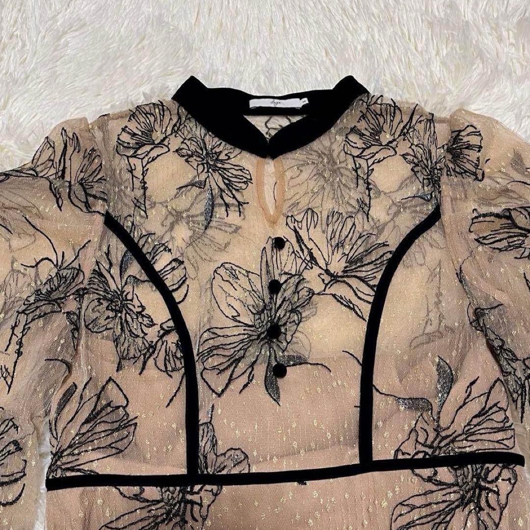 Leja 配色パイピング花柄刺繍ラメワンピースドレス ベージュ　S