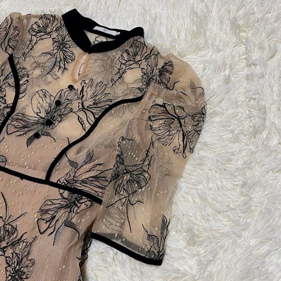 Leja 配色パイピング花柄刺繍ラメワンピースドレス ベージュ　S