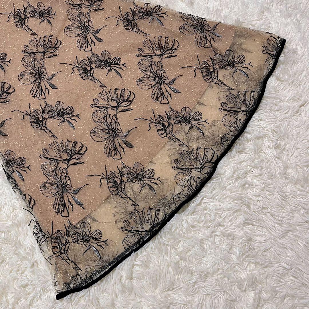 Leja 配色パイピング花柄刺繍ラメワンピースドレス ベージュ　S