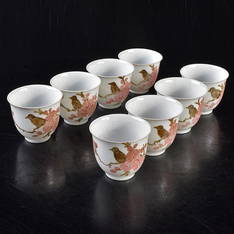 中国　乾隆年製款　薄胎　粉彩　鳥桜文　煎茶碗　八客　V　R7584