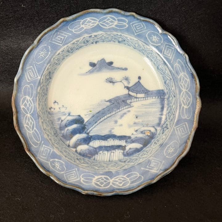 古伊万里　染付　山水文　輪花小皿　5枚
