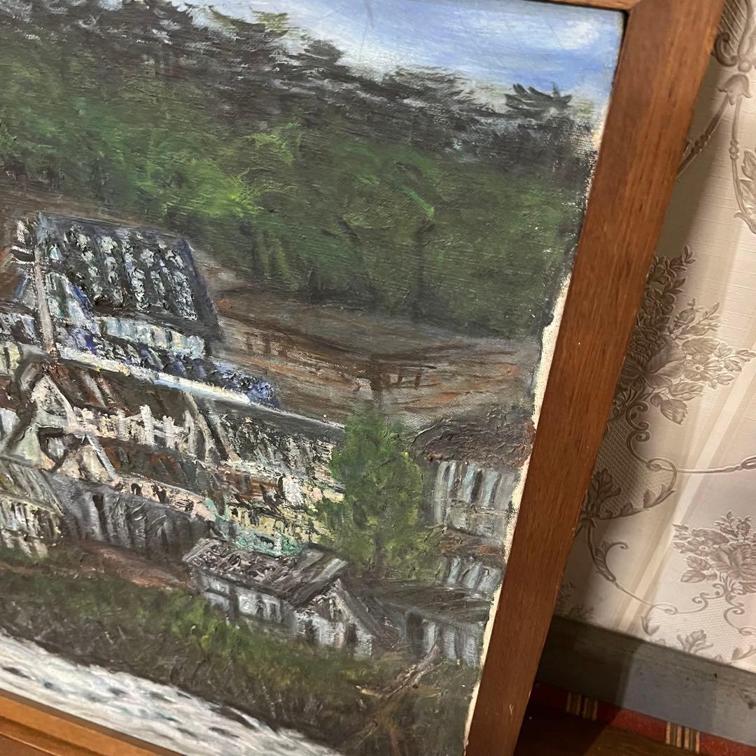 【アンティーク】額縁 額装 絵画 油絵 油彩 風景画 家 山村 田舎 川 葉っぱ