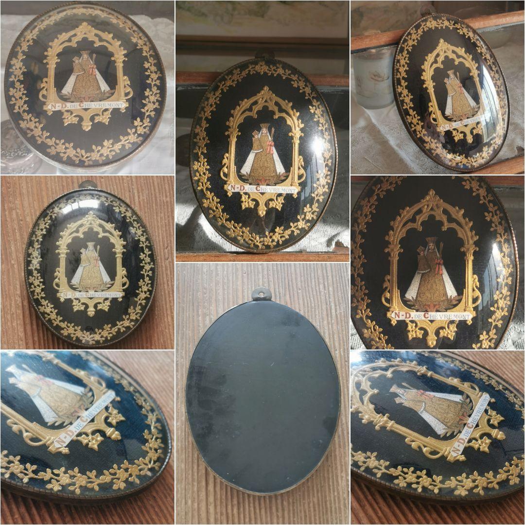 アンティークベルギー 聖母子の紙肖像イコン ボンベガラスドーム マリア イエス