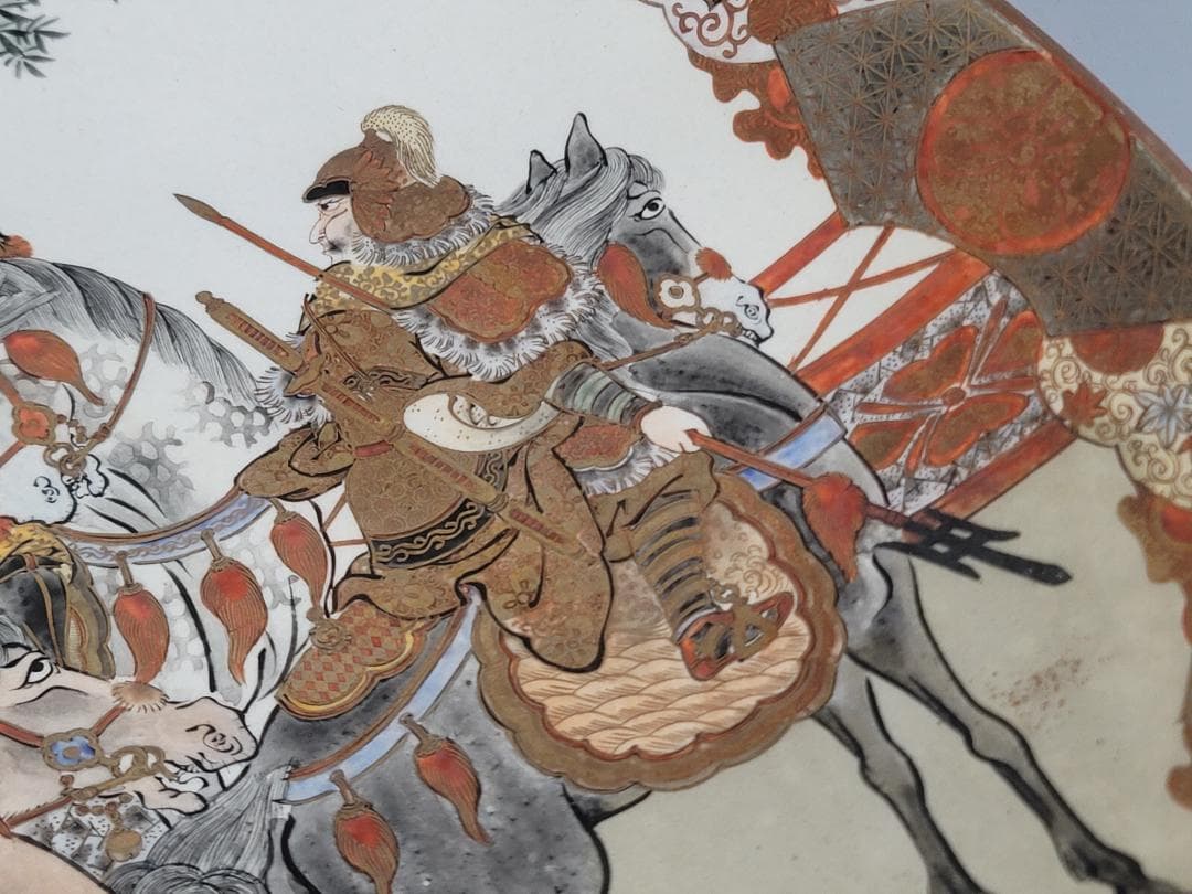 九谷 金彩赤絵 細密 武者絵 一対 幅37 cm 明治時代 DT395