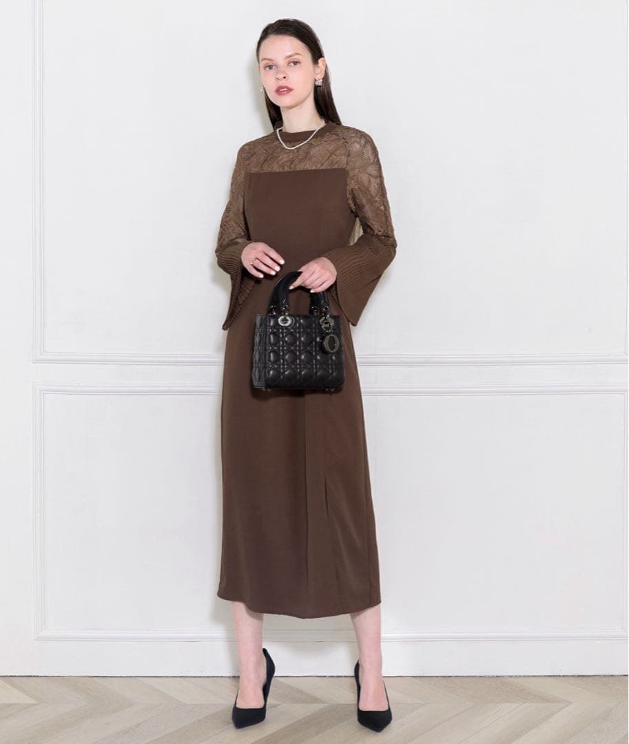 【LEJA】レース切替スリットAラインロングドレスワンピース