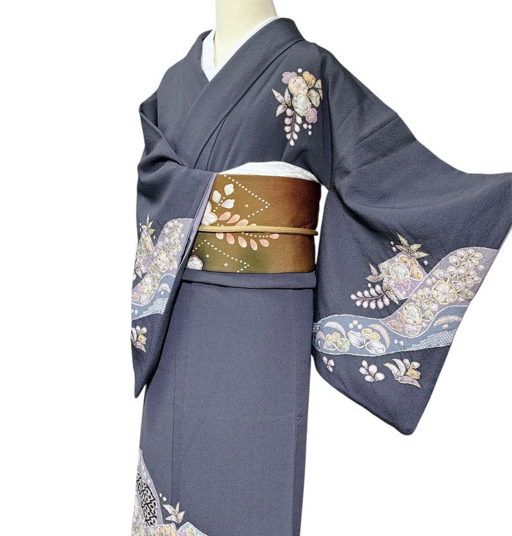 A134愛華 着物 翠山工房　訪問着正絹 濃グレー 絞り 暈し染め 辻が花