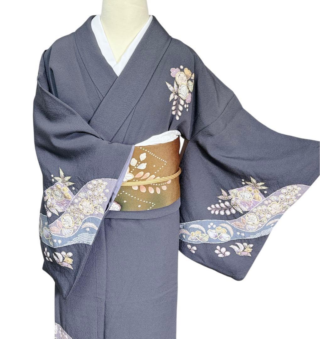 A134愛華 着物 翠山工房　訪問着正絹 濃グレー 絞り 暈し染め 辻が花