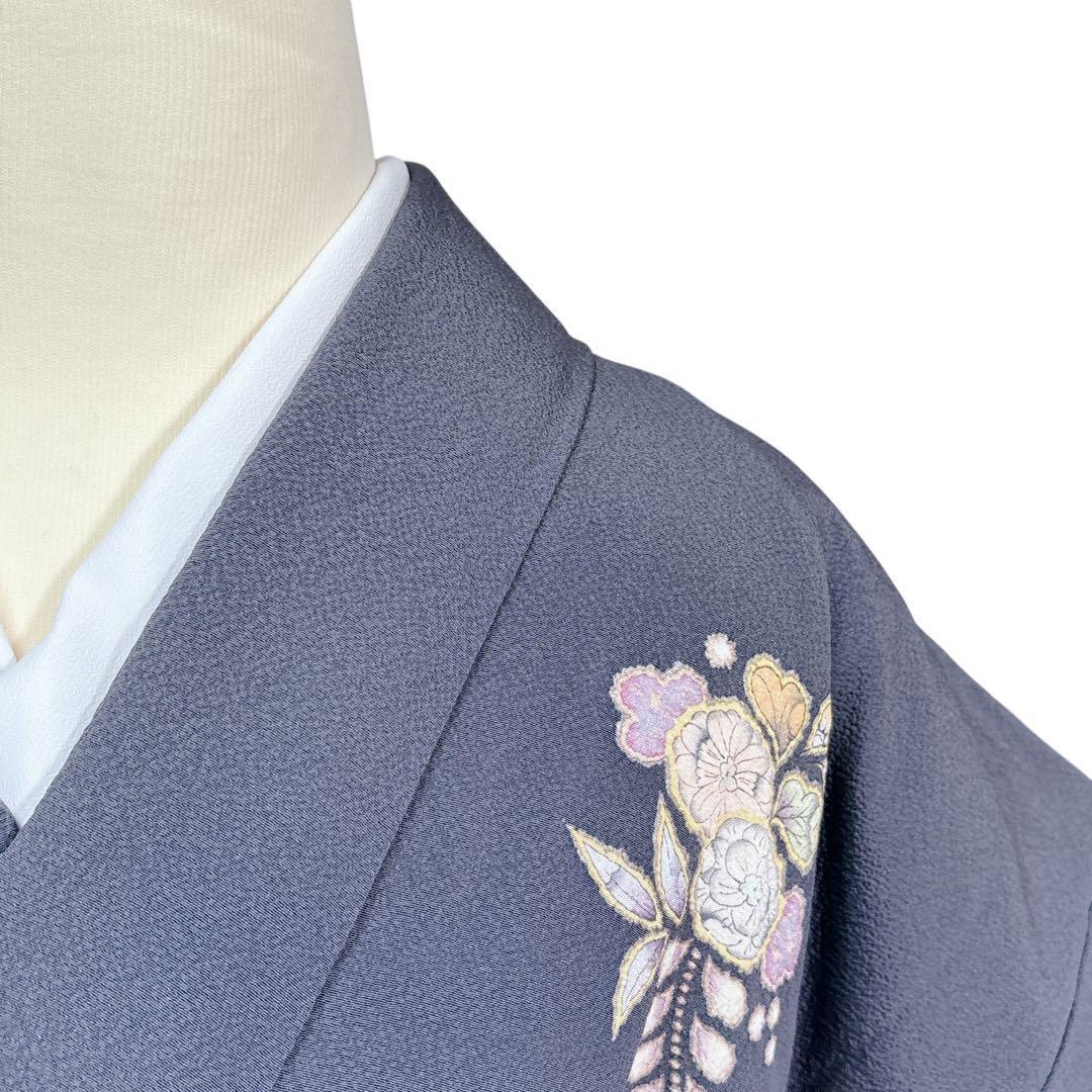 A134愛華 着物 翠山工房　訪問着正絹 濃グレー 絞り 暈し染め 辻が花