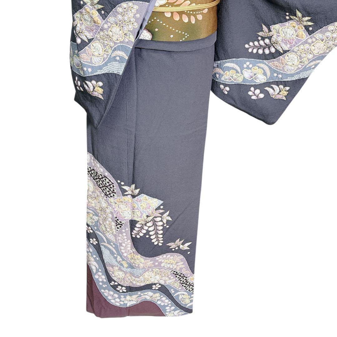 A134愛華 着物 翠山工房　訪問着正絹 濃グレー 絞り 暈し染め 辻が花