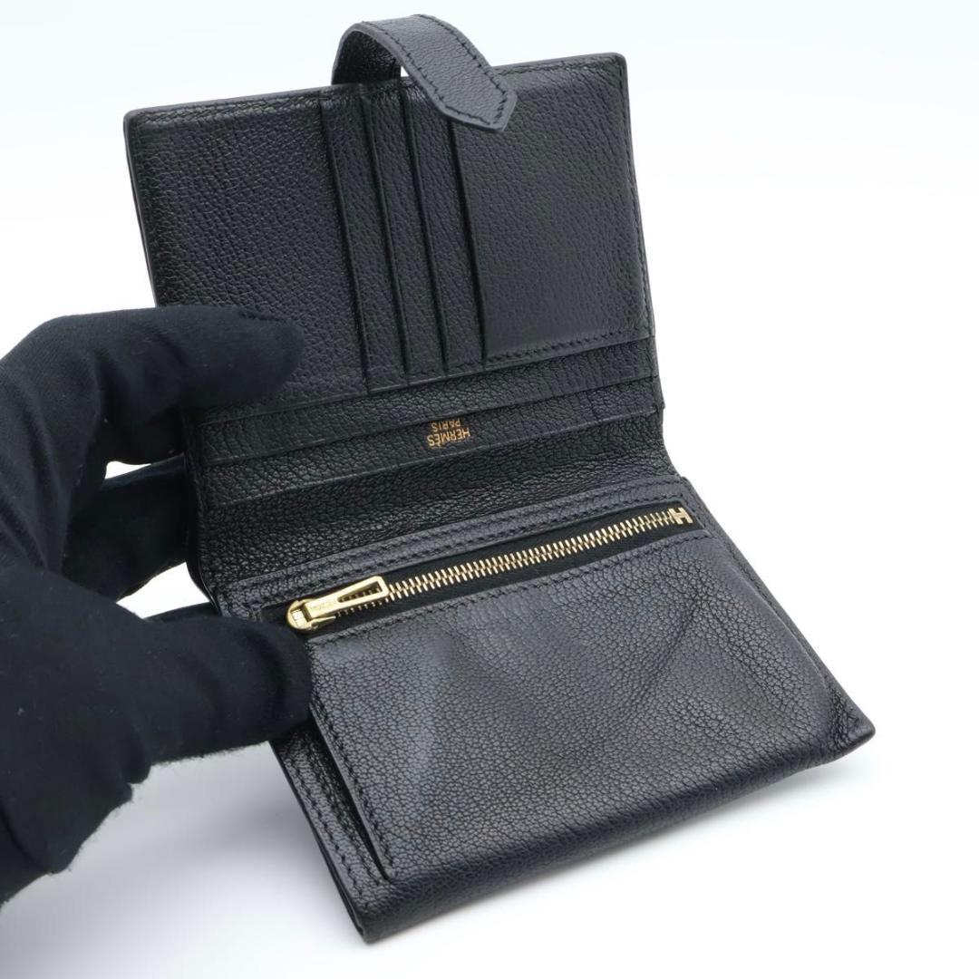 鑑定書付き【極美品】HERMES ベアンコンパクト　シェーブル　黒　折り財布